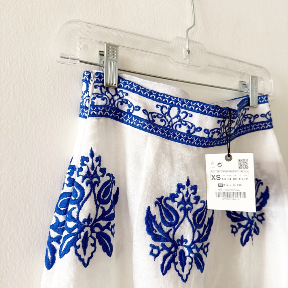 NEW Zara Linen White & Blue Embroidered Floral Tiered Long Skirt Size XS - Picture 7 of 11